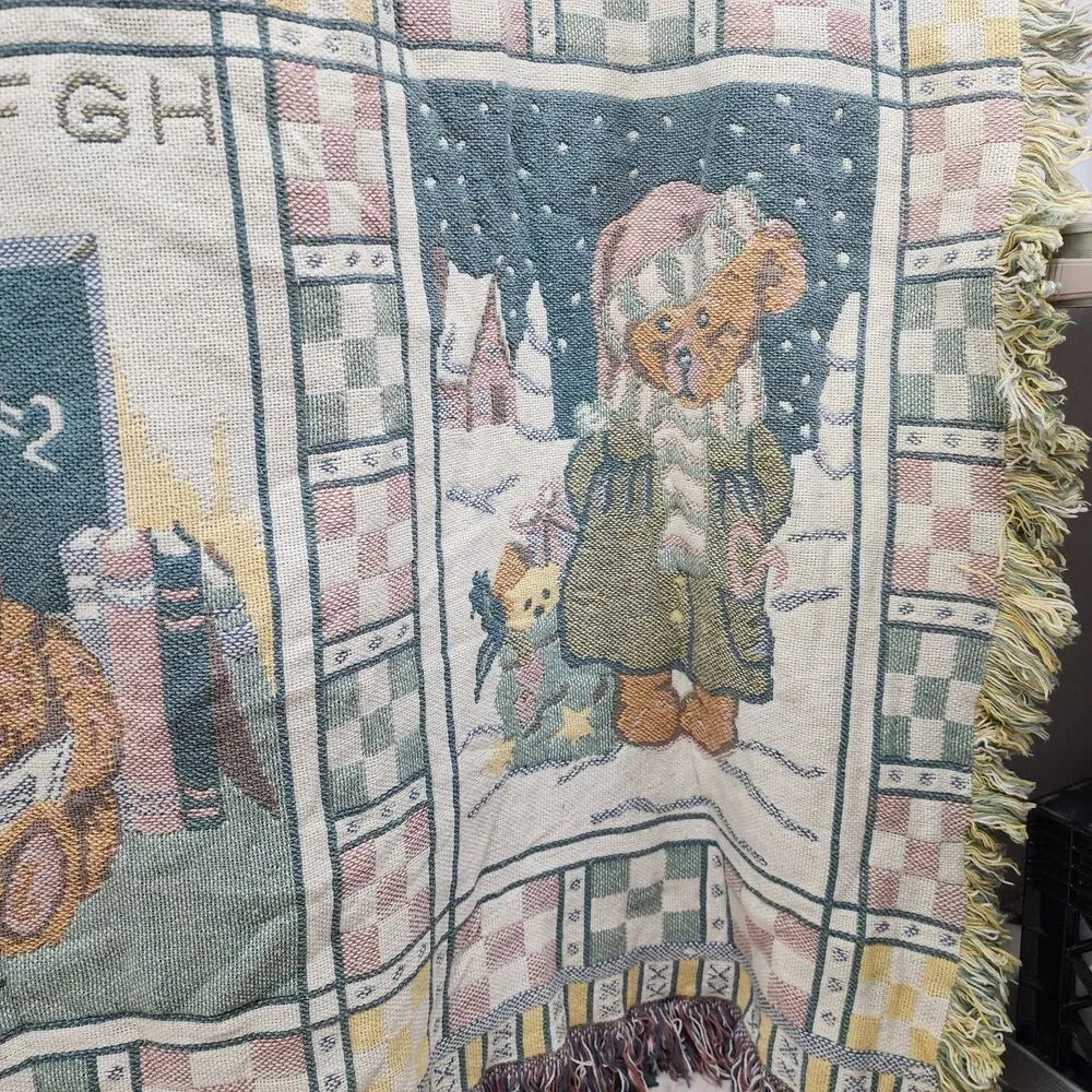 Vintage Teddy Bear Woven Tapestry Throw Blanket Fringe Farmhouse Country 66x48